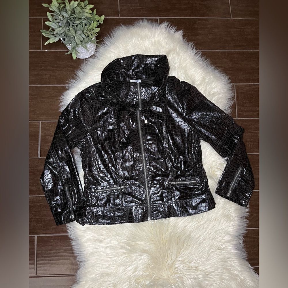 JUST B Dark Chocolate Brown Crocodile Print Faux Leather Jacket Sx XL
